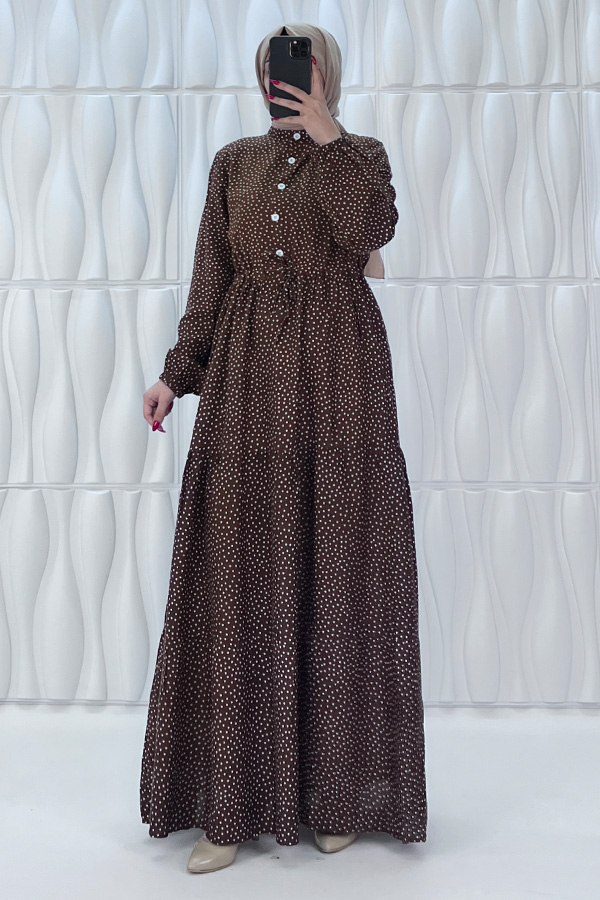 Nokta Desenli Düğmeli Viskon Elbise - Kahverengi