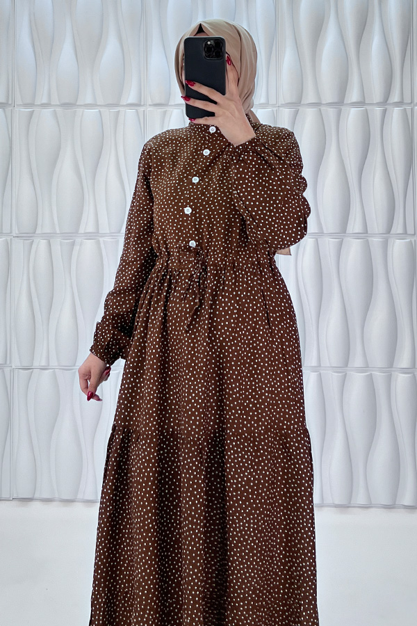 Nokta Desenli Düğmeli Viskon Elbise - Kahverengi