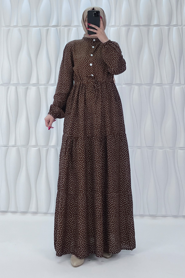 Nokta Desenli Düğmeli Viskon Elbise - Kahverengi