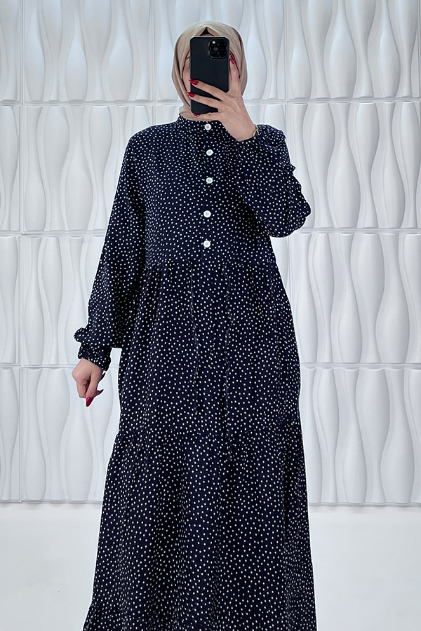 Nokta Desenli Düğmeli Viskon Elbise - Lacivert Nokta Desenli Düğmeli Viskon Elbise - Lacivert