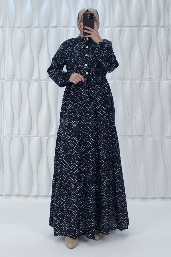 Nokta Desenli Düğmeli Viskon Elbise - Lacivert Nokta Desenli Düğmeli Viskon Elbise - Lacivert