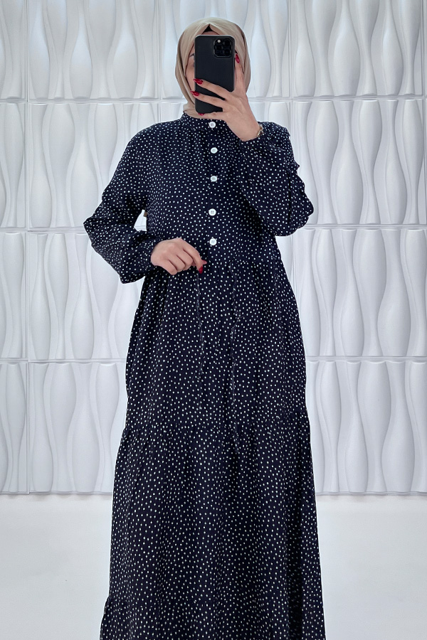 Nokta Desenli Düğmeli Viskon Elbise - Lacivert Nokta Desenli Düğmeli Viskon Elbise - Lacivert