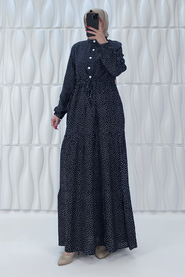 Nokta Desenli Düğmeli Viskon Elbise - Lacivert Nokta Desenli Düğmeli Viskon Elbise - Lacivert