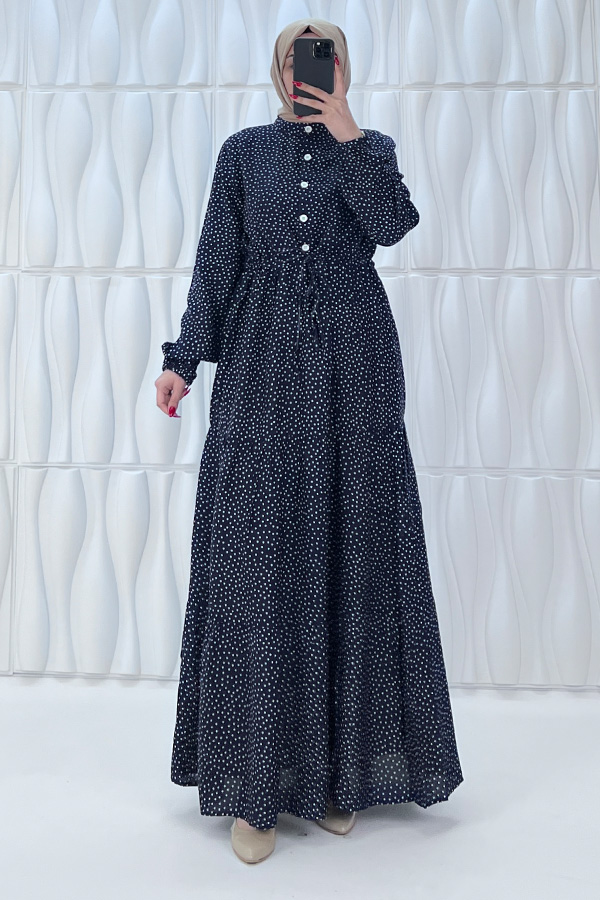 Nokta Desenli Düğmeli Viskon Elbise - Lacivert Nokta Desenli Düğmeli Viskon Elbise - Lacivert