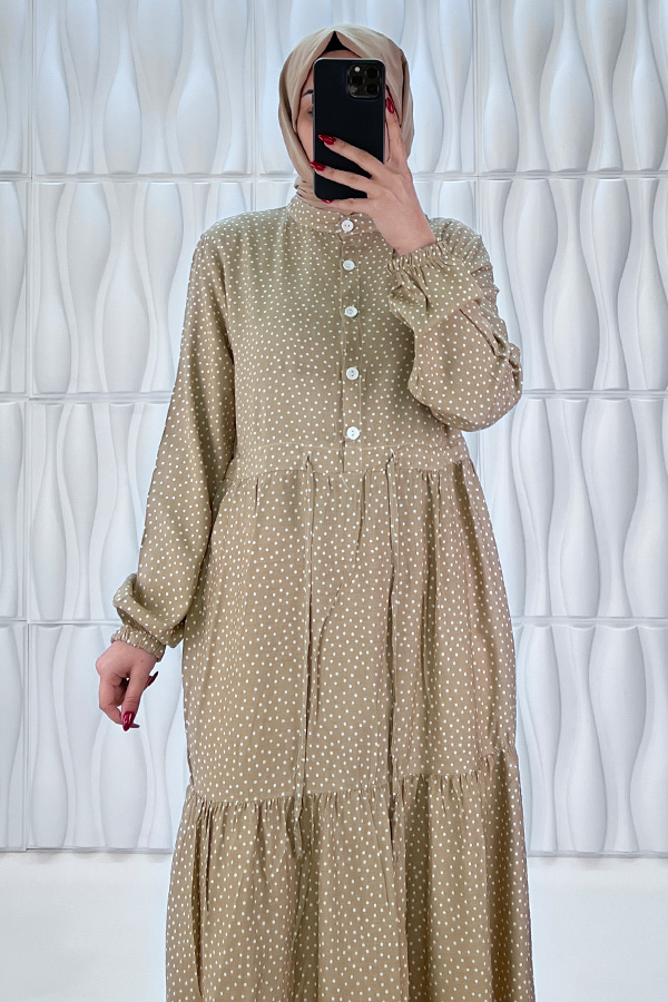 Nokta Desenli Düğmeli Viskon Elbise - Taş