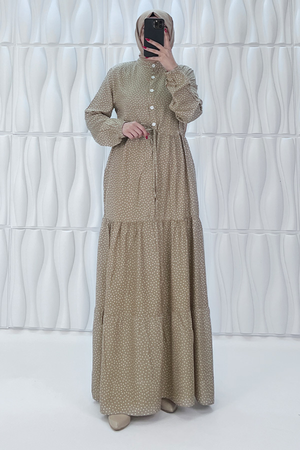 Nokta Desenli Düğmeli Viskon Elbise - Taş