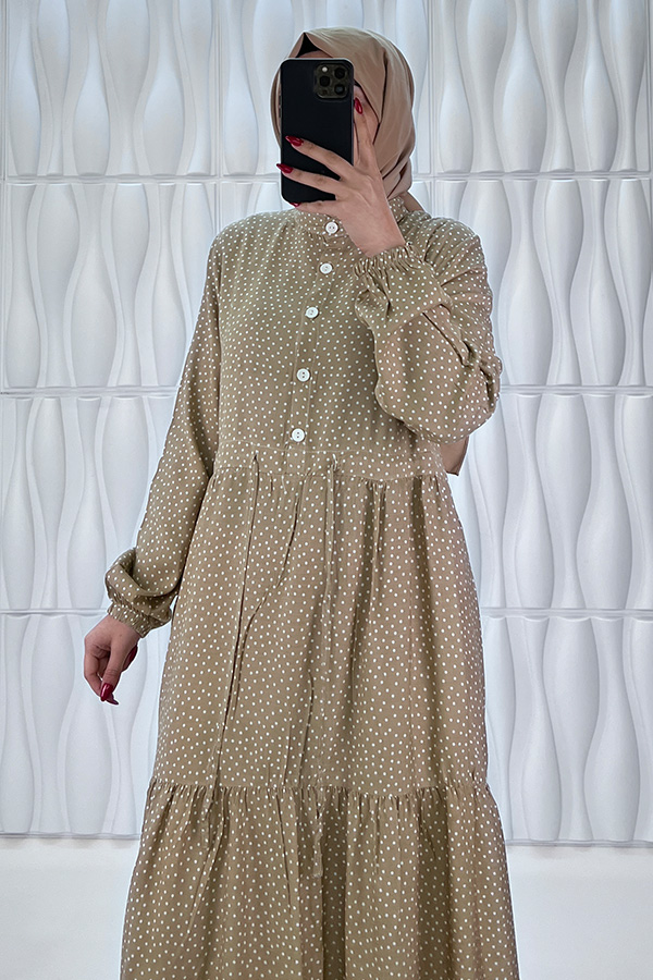 Nokta Desenli Düğmeli Viskon Elbise - Taş