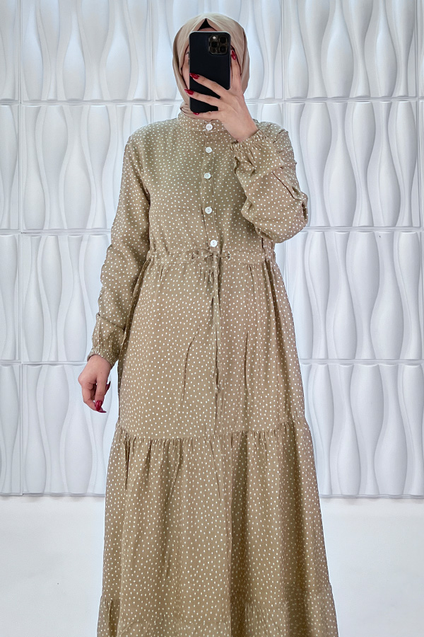 Nokta Desenli Düğmeli Viskon Elbise - Taş