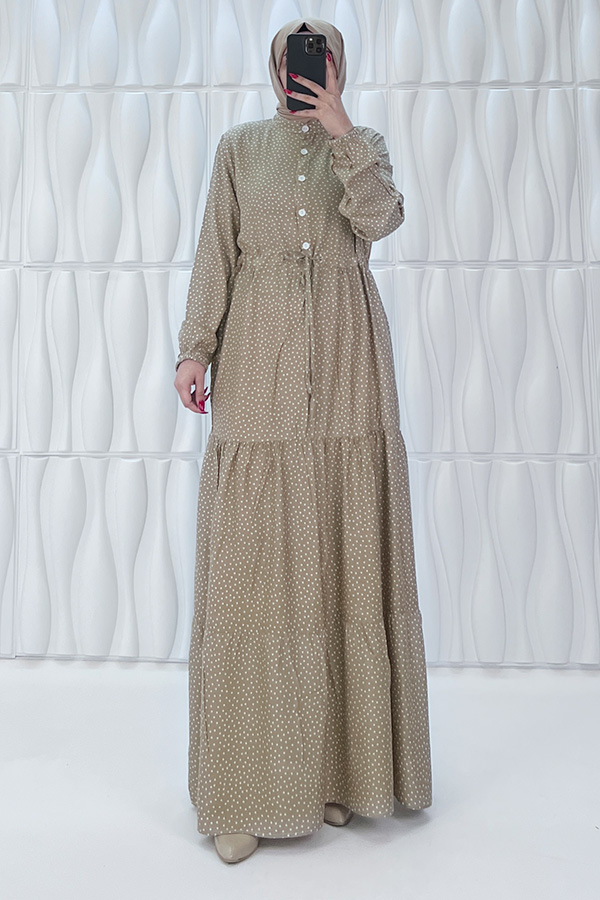 Nokta Desenli Düğmeli Viskon Elbise - Taş