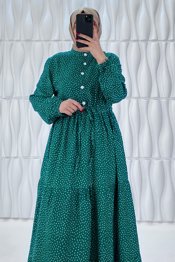 Nokta Desenli Düğmeli Viskon Elbise - Yeşil Nokta Desenli Düğmeli Viskon Elbise - Yeşil