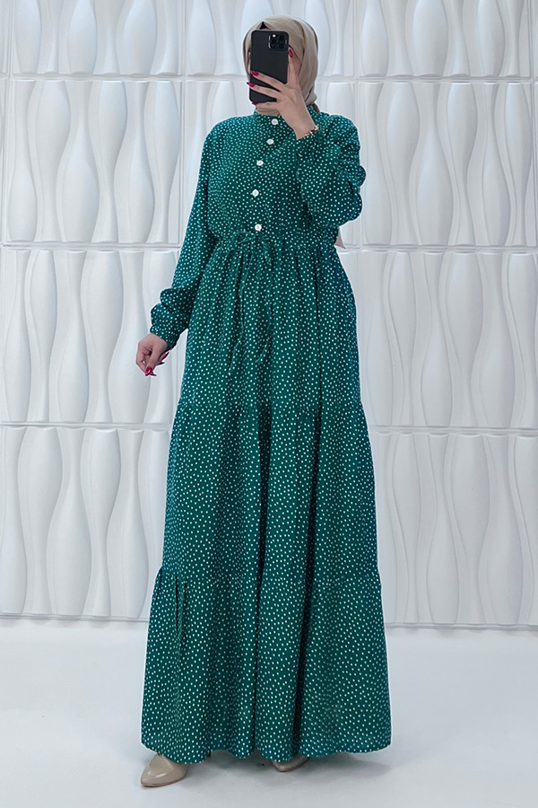 Nokta Desenli Düğmeli Viskon Elbise - Yeşil Nokta Desenli Düğmeli Viskon Elbise - Yeşil