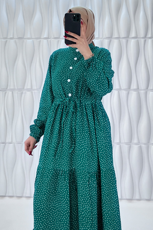 Nokta Desenli Düğmeli Viskon Elbise - Yeşil Nokta Desenli Düğmeli Viskon Elbise - Yeşil