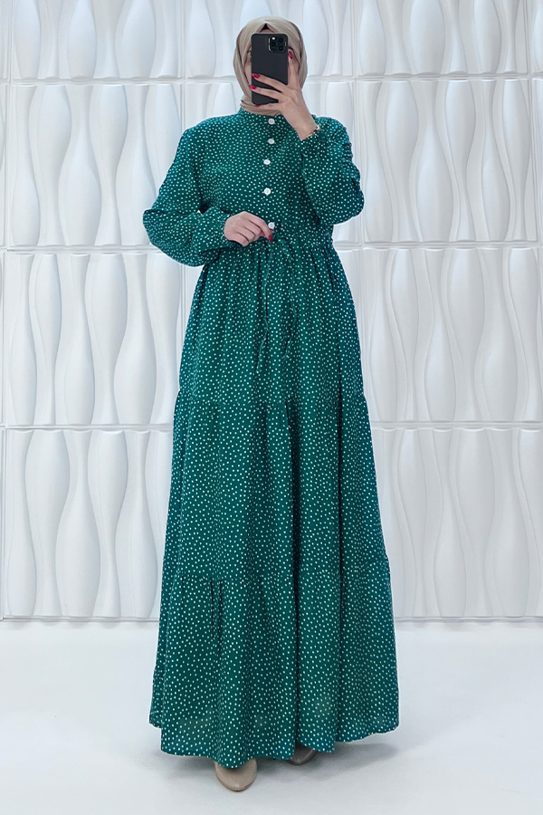 Nokta Desenli Düğmeli Viskon Elbise - Yeşil Nokta Desenli Düğmeli Viskon Elbise - Yeşil