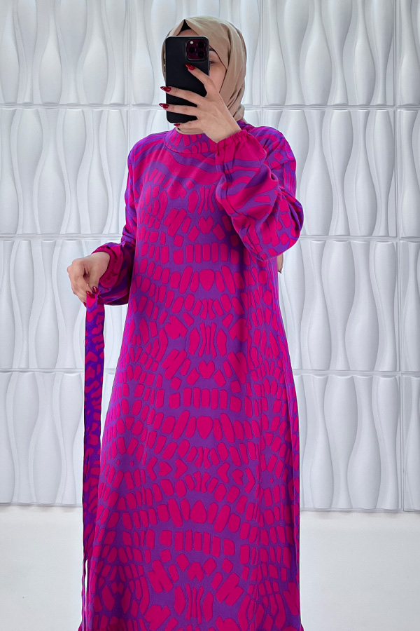 Odak Desenli Pamuk Viskon Elbise - Eflatun Odak Desenli Pamuk Viskon Elbise - Eflatun