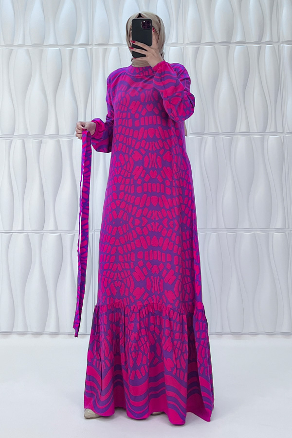 Odak Desenli Pamuk Viskon Elbise - Eflatun Odak Desenli Pamuk Viskon Elbise - Eflatun