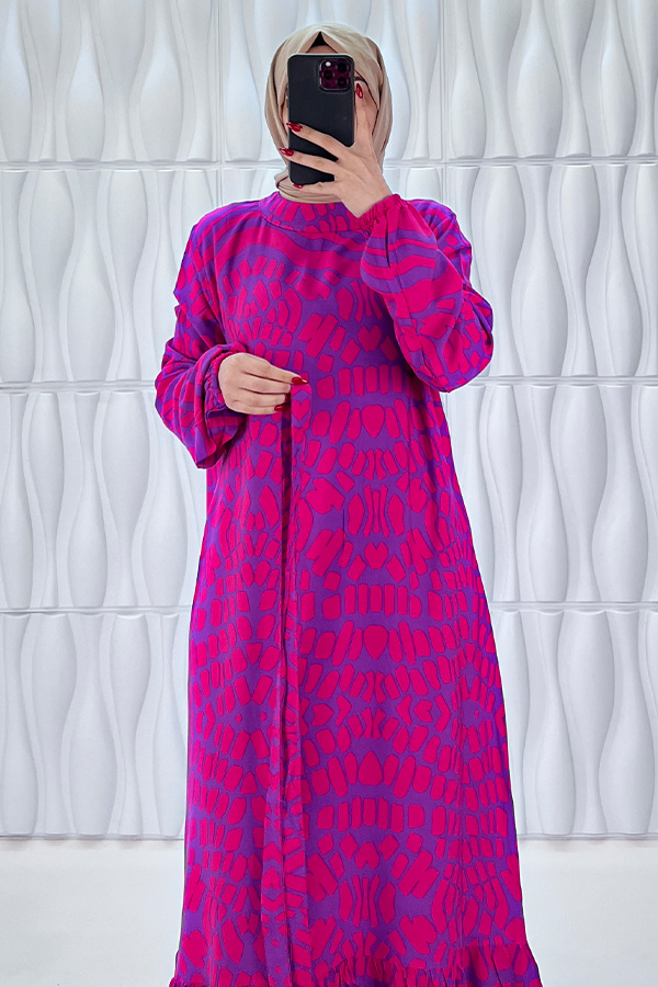 Odak Desenli Pamuk Viskon Elbise - Eflatun Odak Desenli Pamuk Viskon Elbise - Eflatun