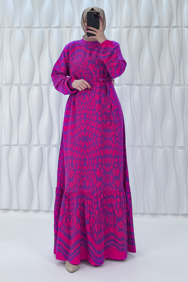 Odak Desenli Pamuk Viskon Elbise - Eflatun Odak Desenli Pamuk Viskon Elbise - Eflatun