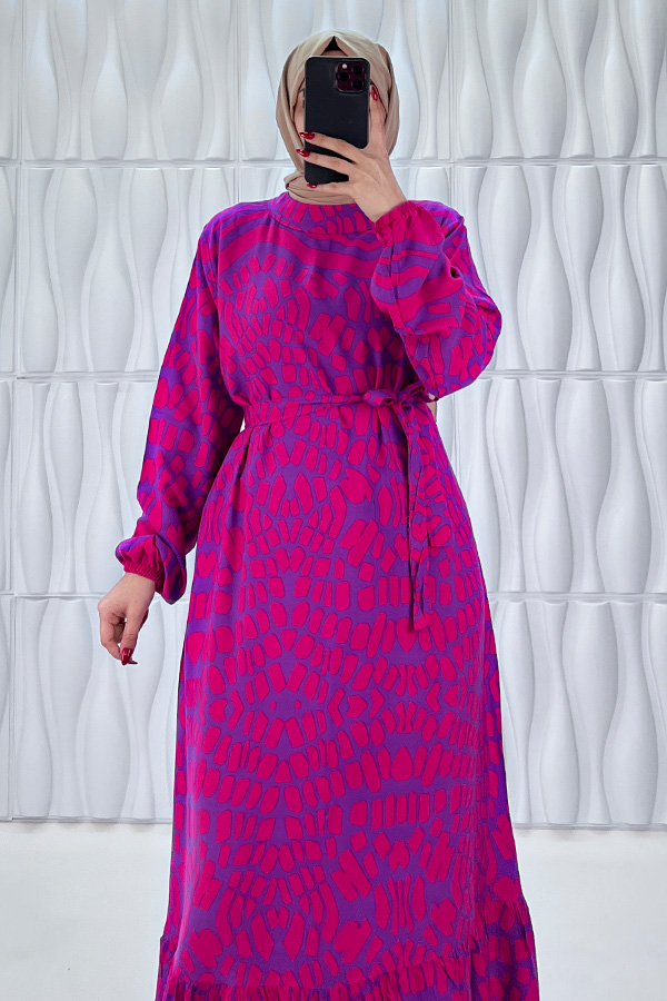 Odak Desenli Pamuk Viskon Elbise - Eflatun Odak Desenli Pamuk Viskon Elbise - Eflatun