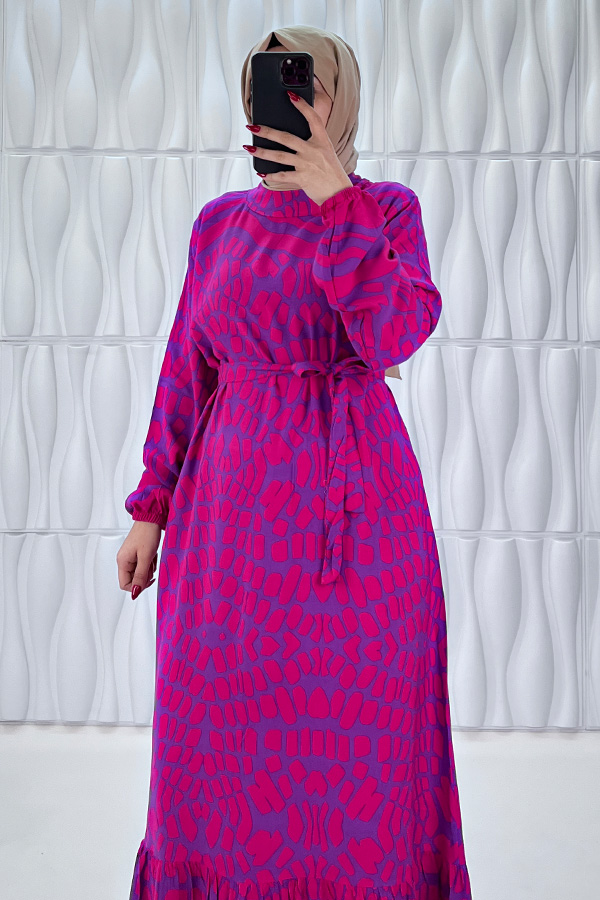 Odak Desenli Pamuk Viskon Elbise - Eflatun Odak Desenli Pamuk Viskon Elbise - Eflatun