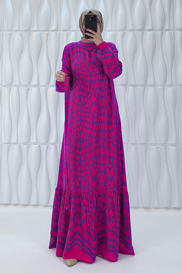 Odak Desenli Pamuk Viskon Elbise - Eflatun Odak Desenli Pamuk Viskon Elbise - Eflatun