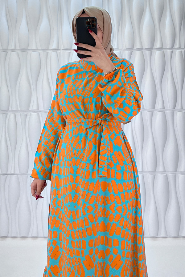 Odak Desenli Pamuk Viskon Elbise - Turuncu