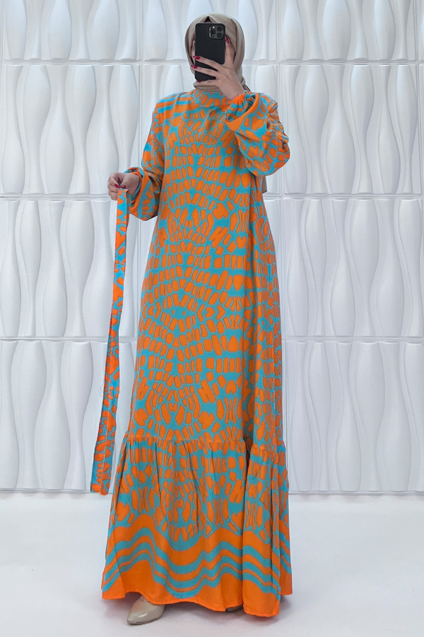 Odak Desenli Pamuk Viskon Elbise - Turuncu