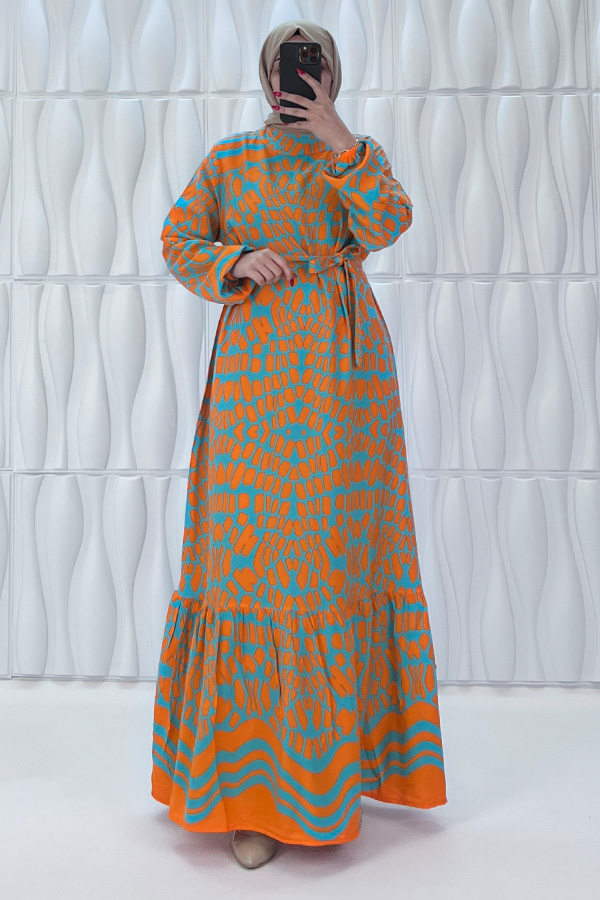 Odak Desenli Pamuk Viskon Elbise - Turuncu