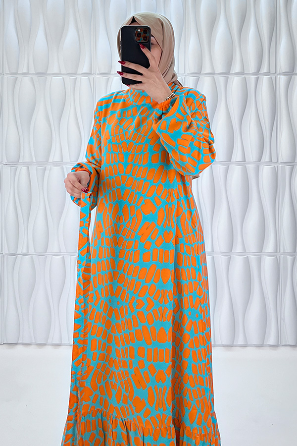 Odak Desenli Pamuk Viskon Elbise - Turuncu