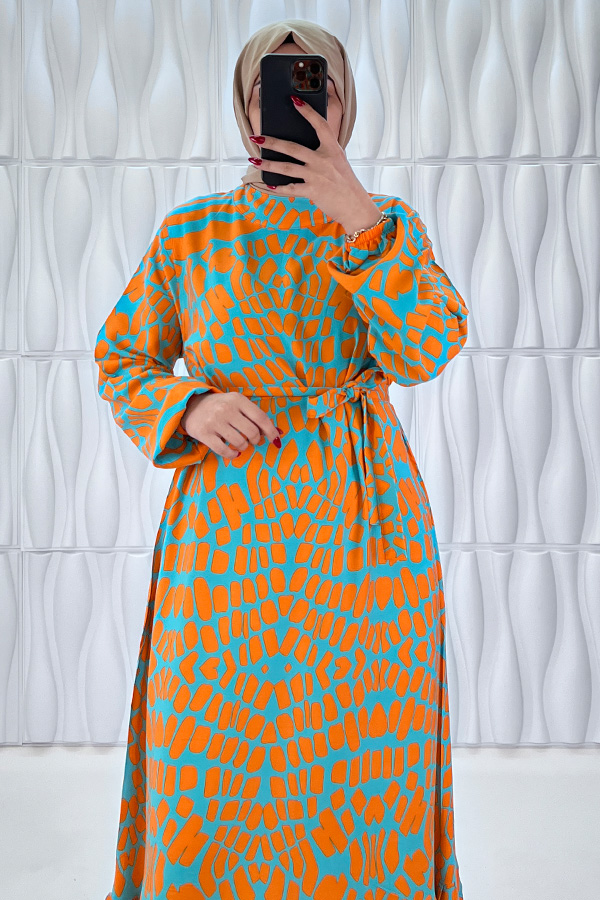 Odak Desenli Pamuk Viskon Elbise - Turuncu