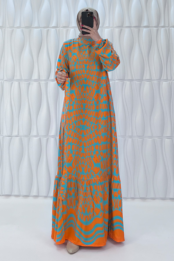 Odak Desenli Pamuk Viskon Elbise - Turuncu