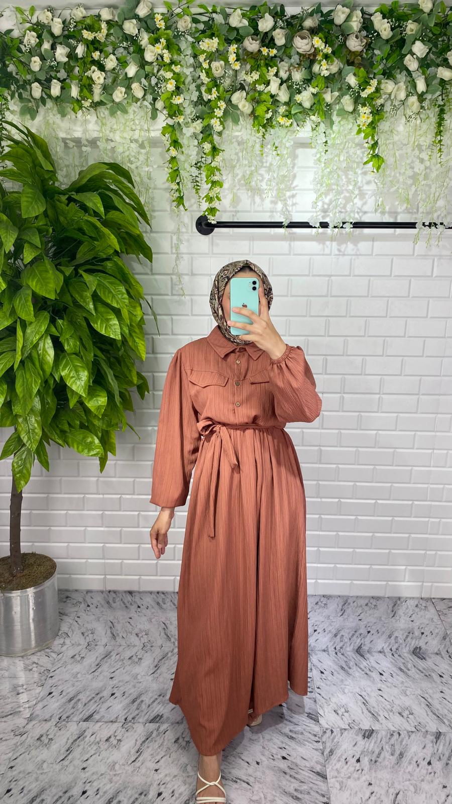 Önü Düğmeli Lara Kumaş Elbise - Kahverengi