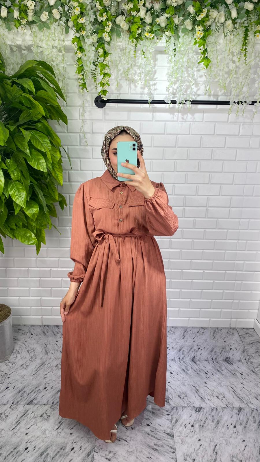 Önü Düğmeli Lara Kumaş Elbise - Kahverengi