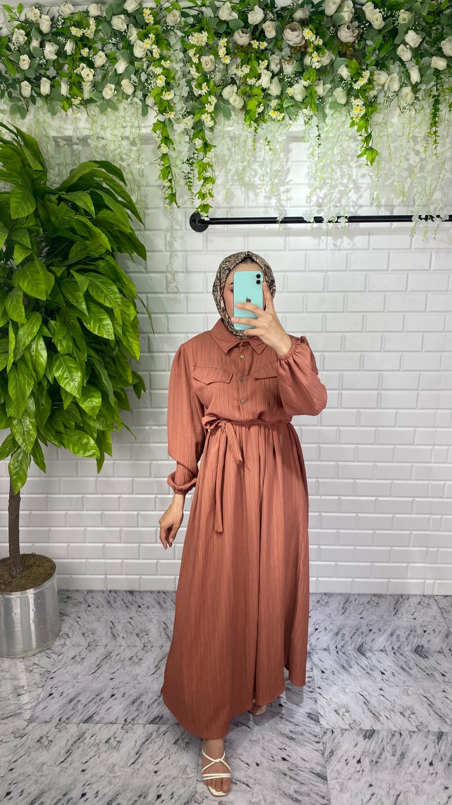 Önü Düğmeli Lara Kumaş Elbise - Kahverengi