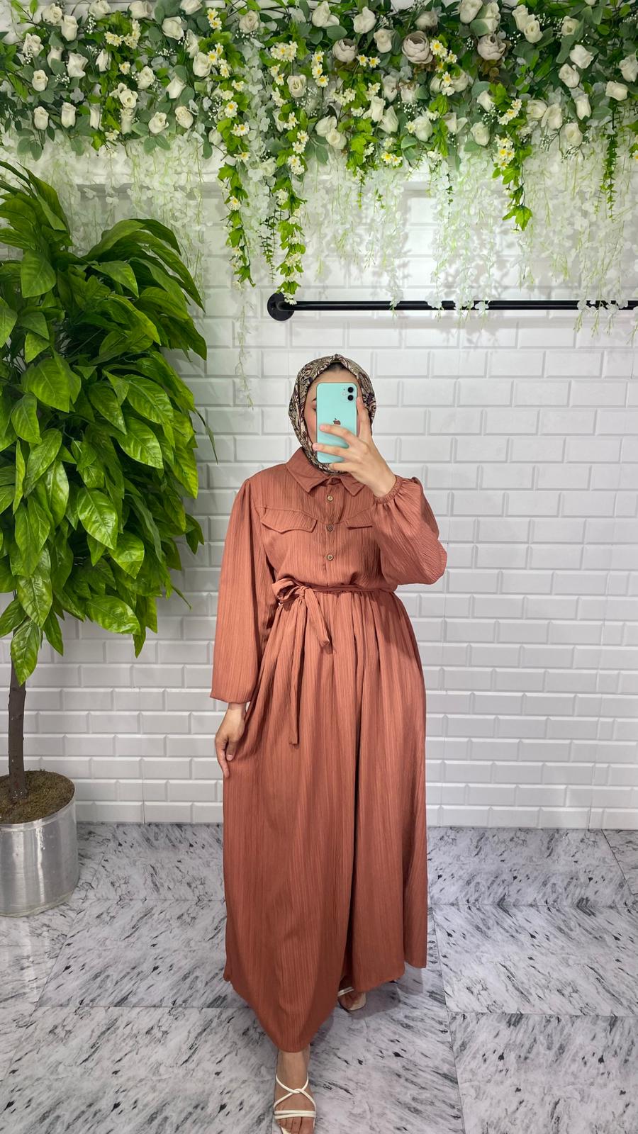 Önü Düğmeli Lara Kumaş Elbise - Kahverengi