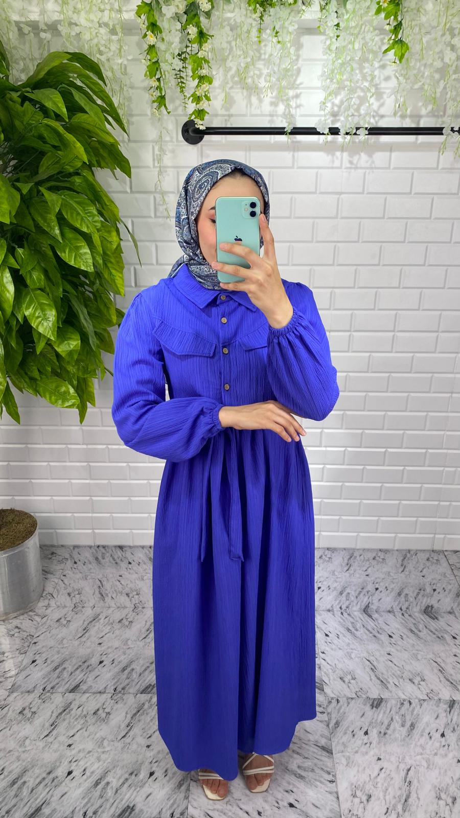 Önü Düğmeli Lara Kumaş Elbise - Lacivert