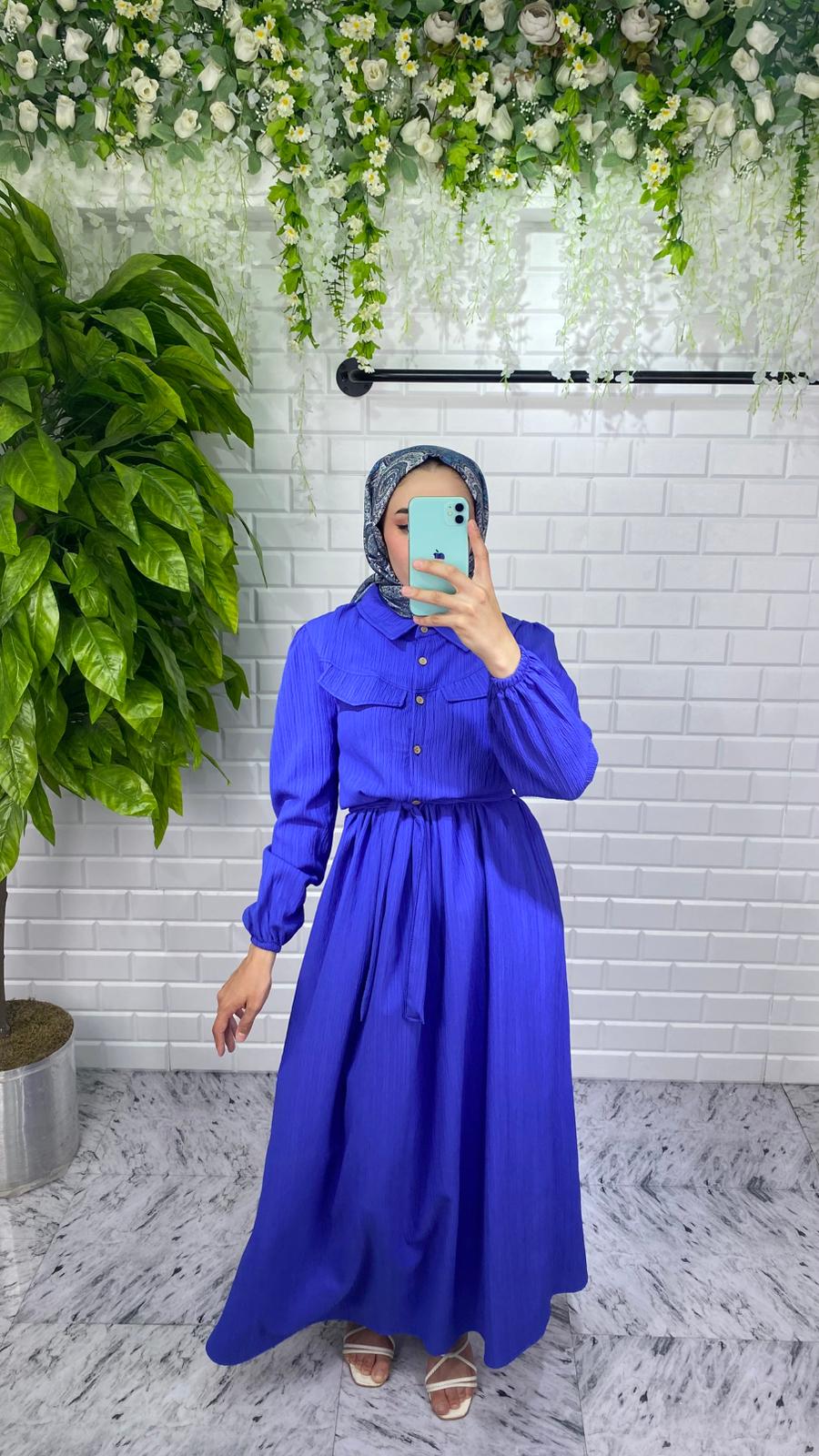 Önü Düğmeli Lara Kumaş Elbise - Lacivert