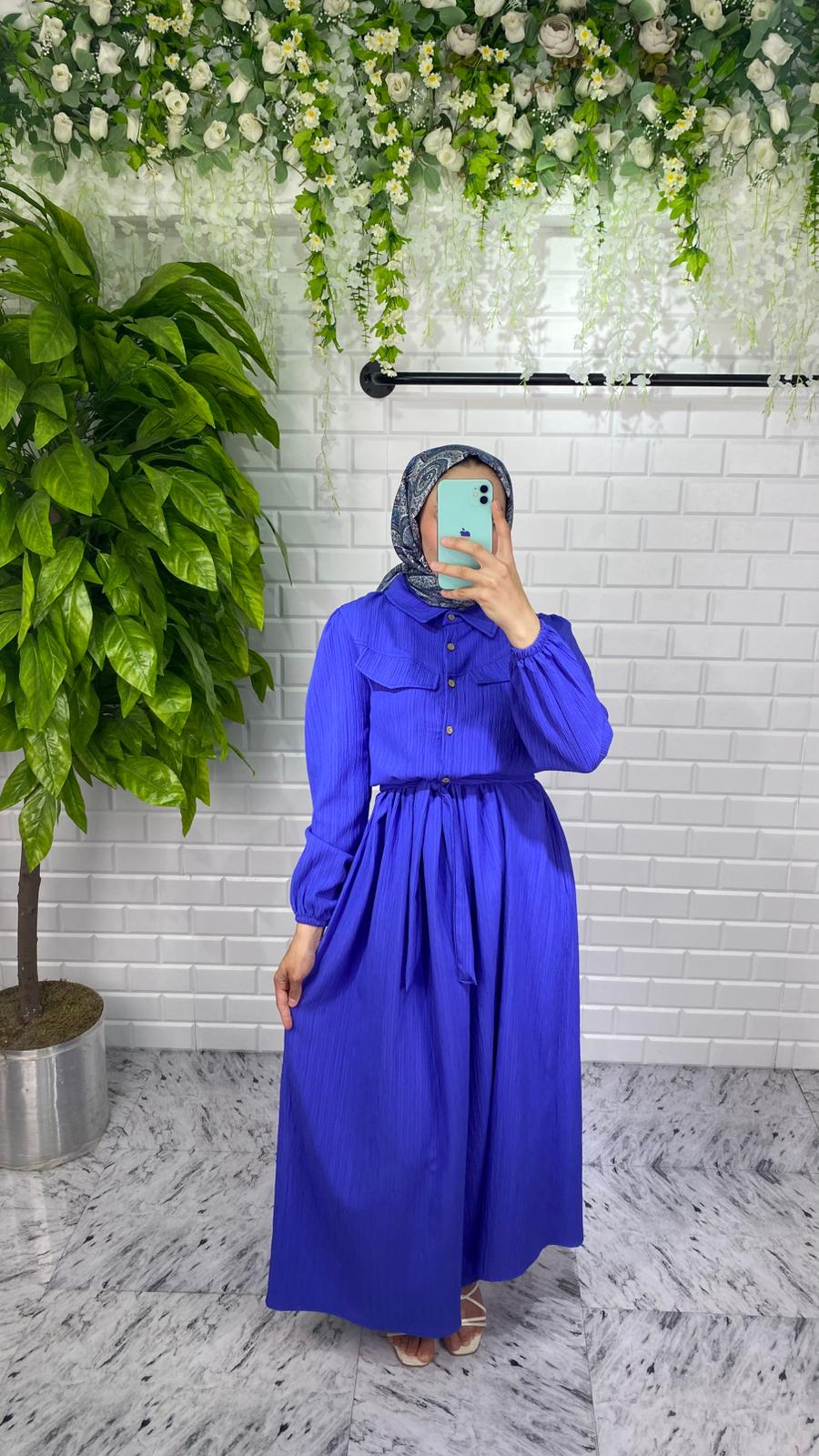 Önü Düğmeli Lara Kumaş Elbise - Lacivert