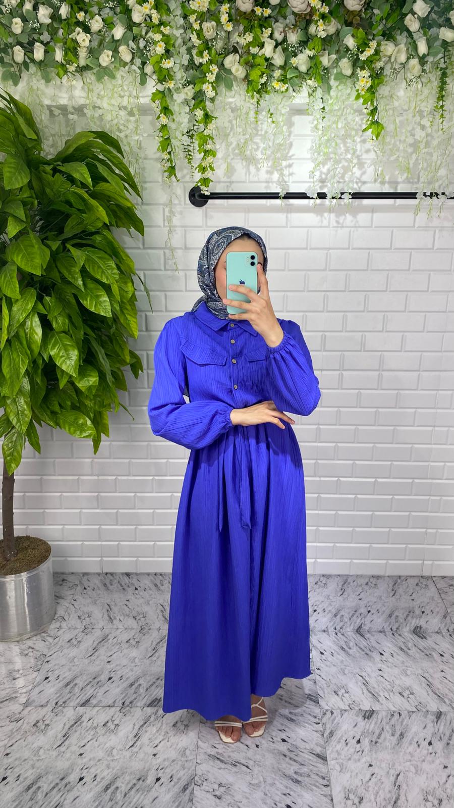 Önü Düğmeli Lara Kumaş Elbise - Lacivert