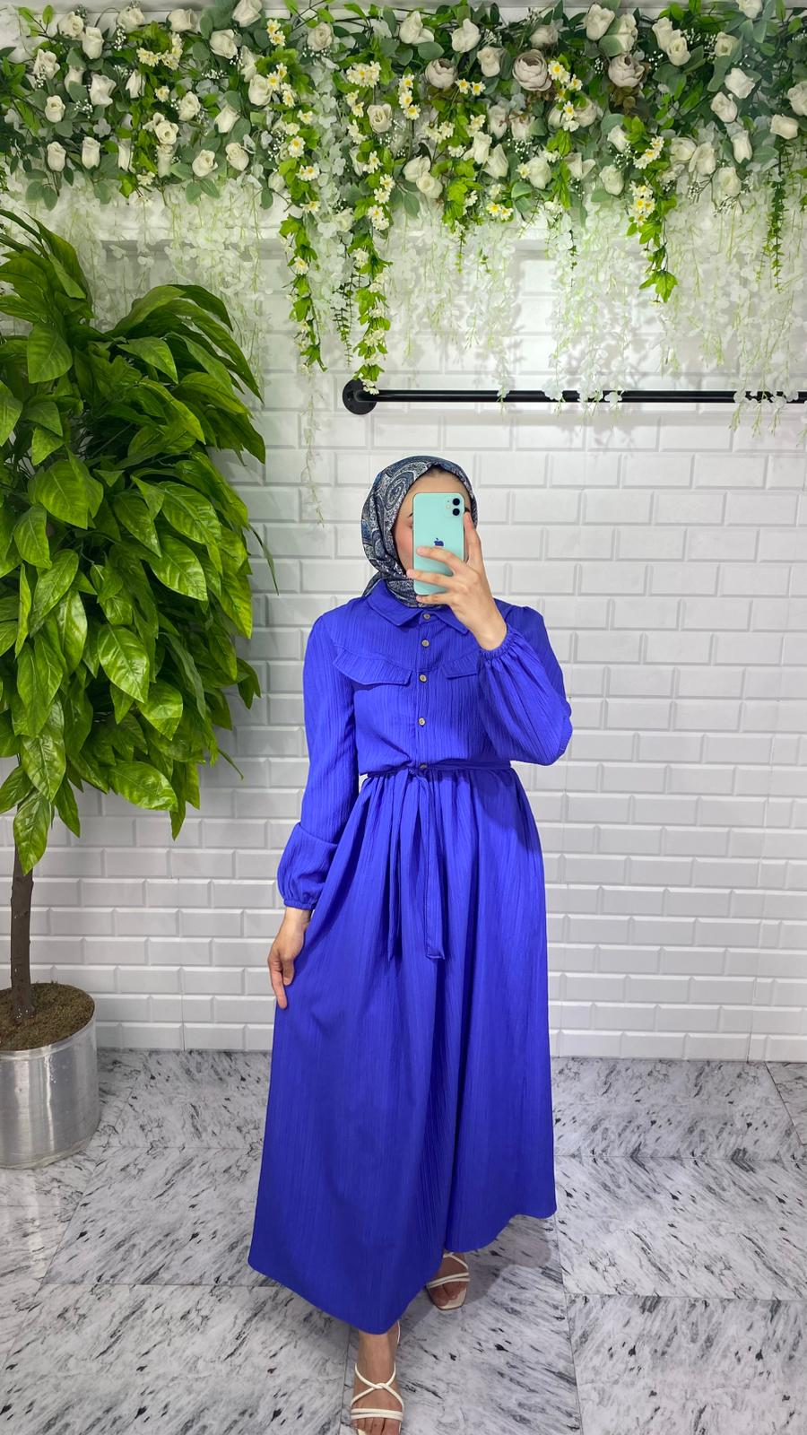 Önü Düğmeli Lara Kumaş Elbise - Lacivert