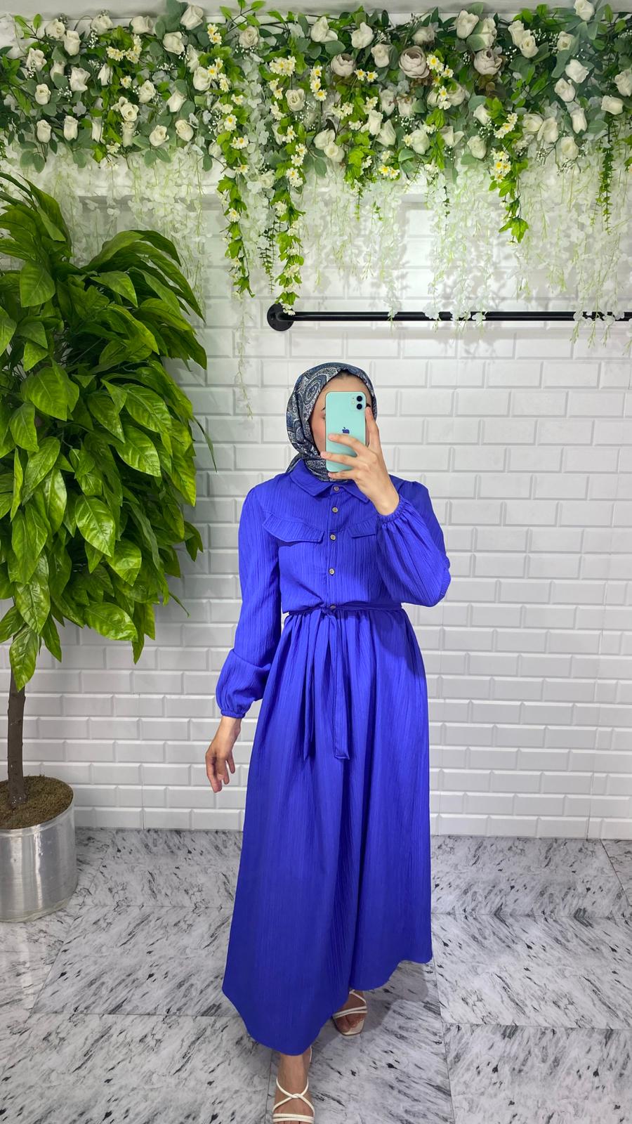 Önü Düğmeli Lara Kumaş Elbise - Lacivert