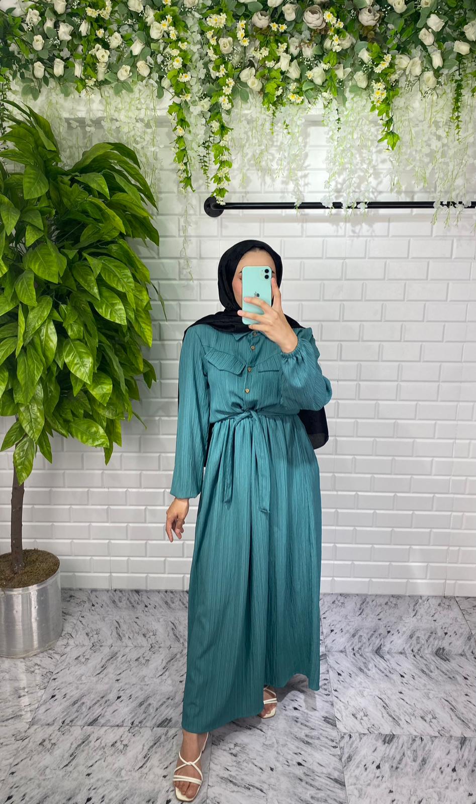 Önü Düğmeli Lara Kumaş Elbise - Su Yeşili