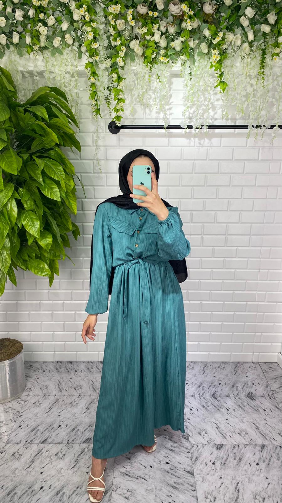 Önü Düğmeli Lara Kumaş Elbise - Su Yeşili