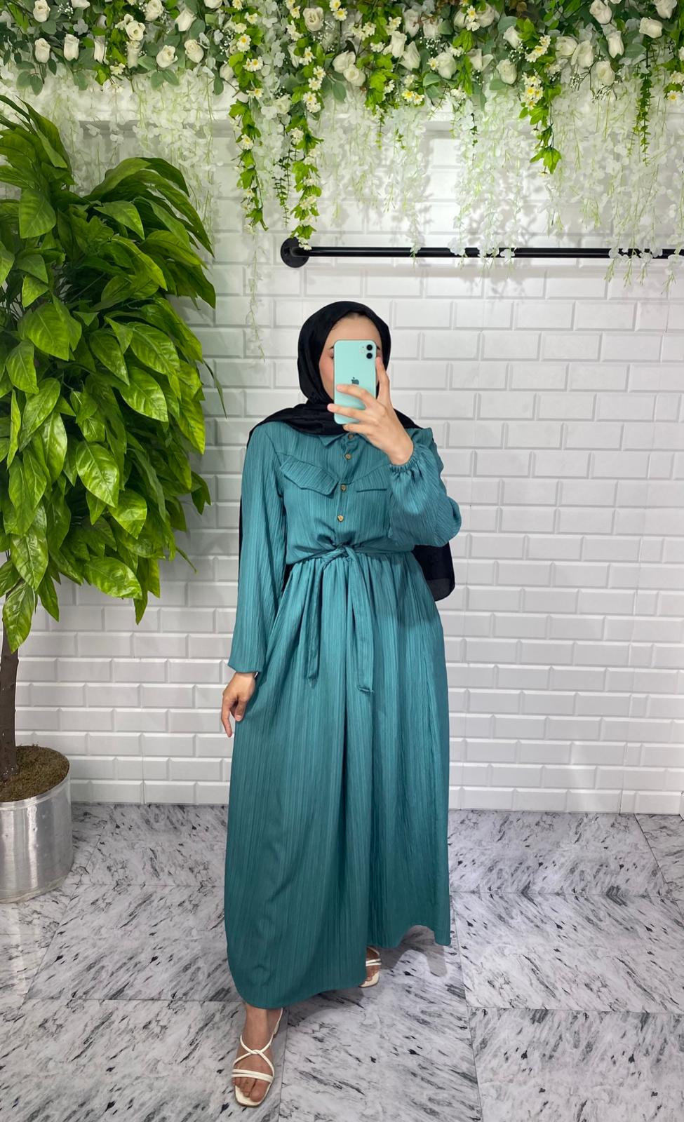 Önü Düğmeli Lara Kumaş Elbise - Su Yeşili