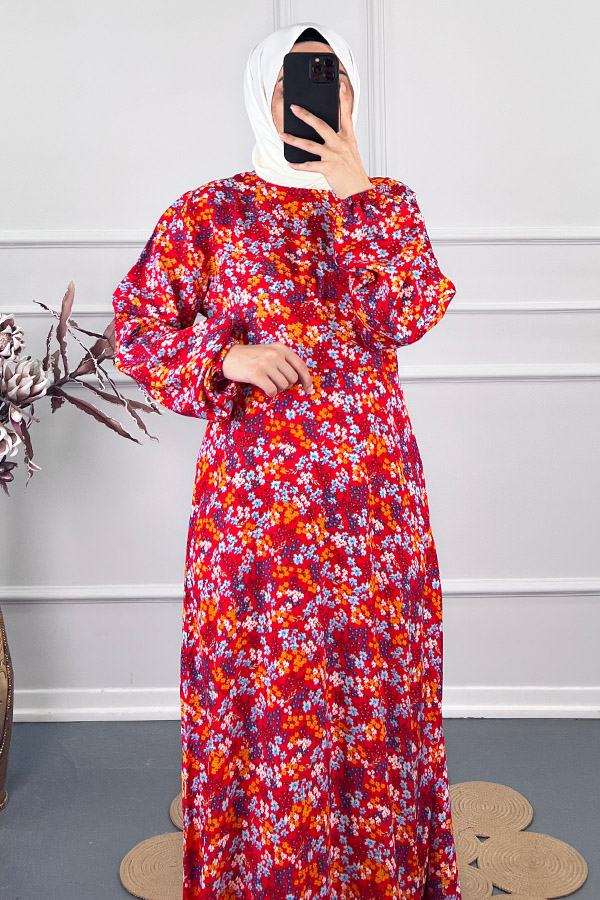 Pamuk Viskon Belden Oturtmalı Elbise - Kırmızı