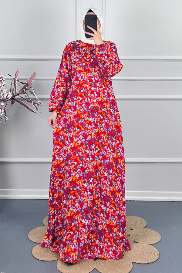 Pamuk Viskon Belden Oturtmalı Elbise - Kırmızı