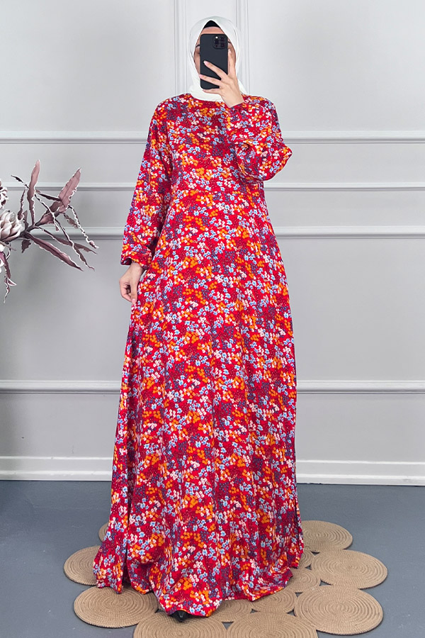 Pamuk Viskon Belden Oturtmalı Elbise - Kırmızı