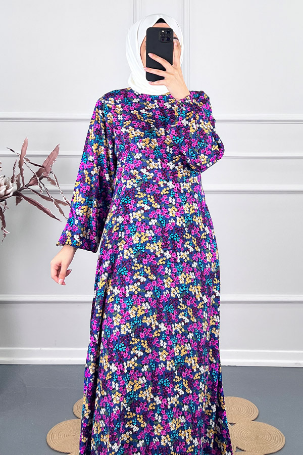 Pamuk Viskon Belden Oturtmalı Elbise - Mor