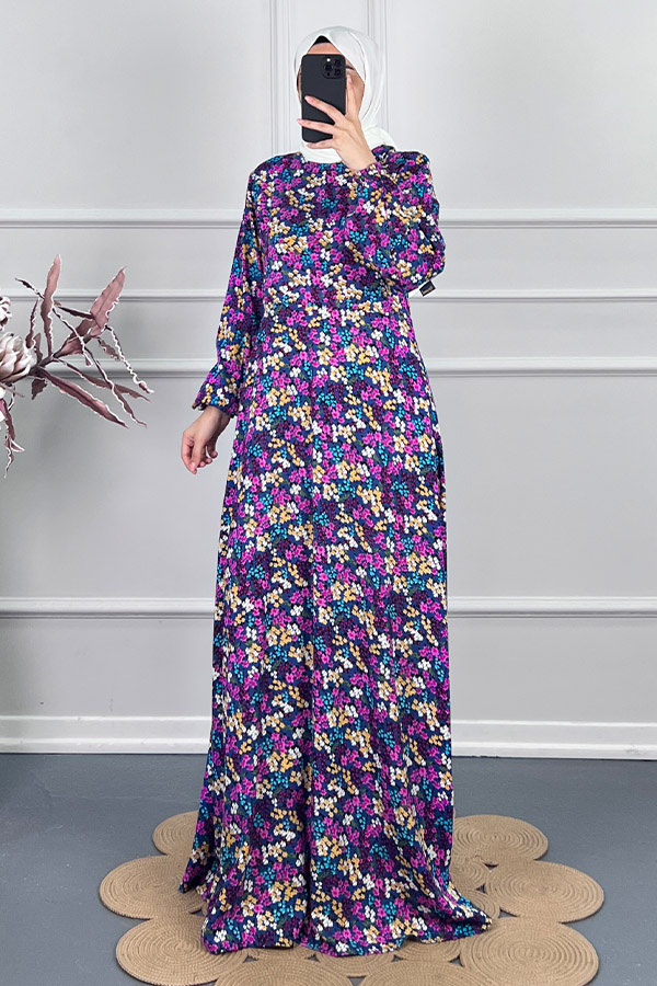 Pamuk Viskon Belden Oturtmalı Elbise - Mor