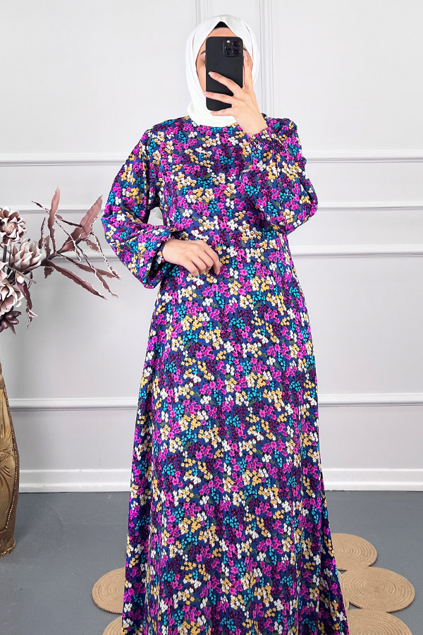 Pamuk Viskon Belden Oturtmalı Elbise - Mor