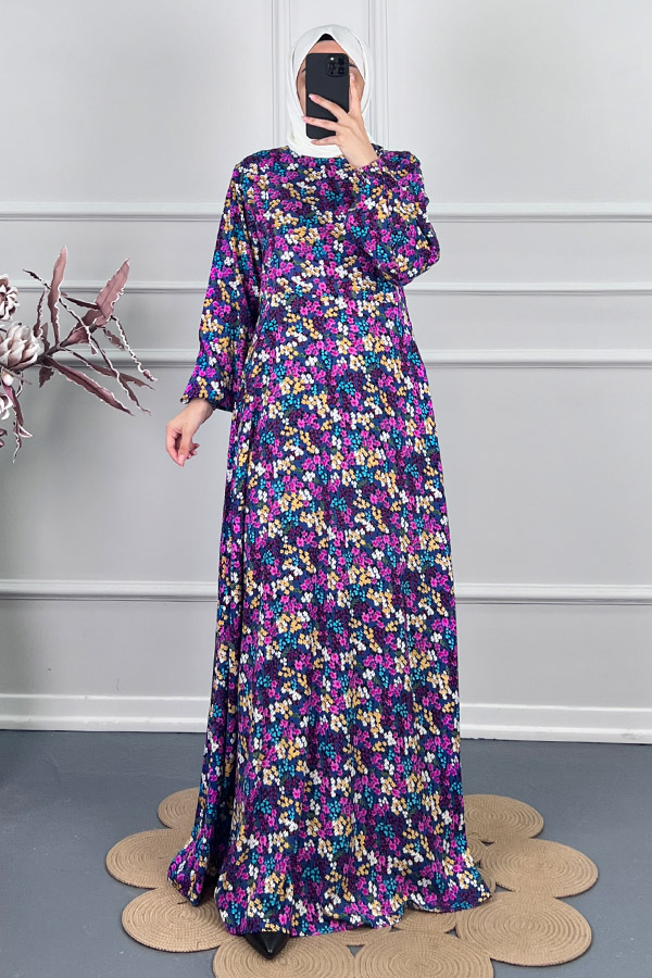 Pamuk Viskon Belden Oturtmalı Elbise - Mor